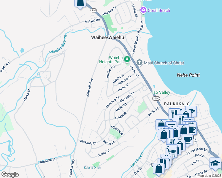 map of restaurants, bars, coffee shops, grocery stores, and more near 924 Wailupe Drive in Wailuku