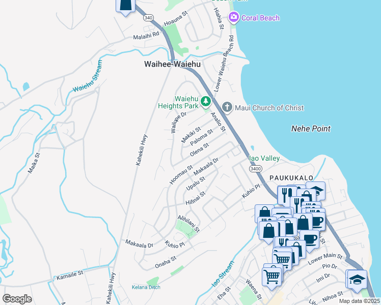 map of restaurants, bars, coffee shops, grocery stores, and more near 853 Olena Street in Wailuku