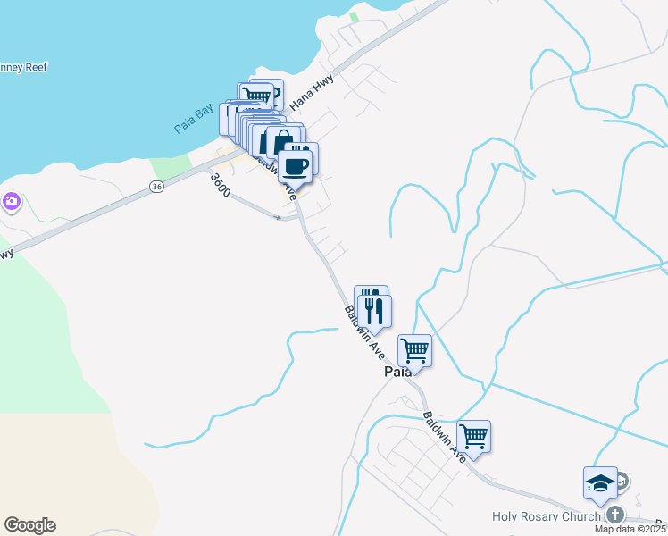 map of restaurants, bars, coffee shops, grocery stores, and more near 279 Baldwin Avenue in Paia