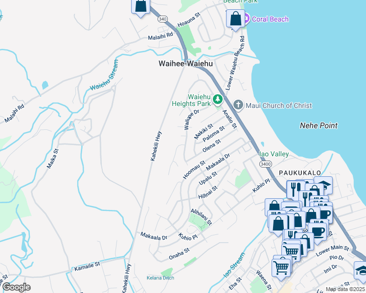 map of restaurants, bars, coffee shops, grocery stores, and more near 906 Wailupe Drive in Wailuku