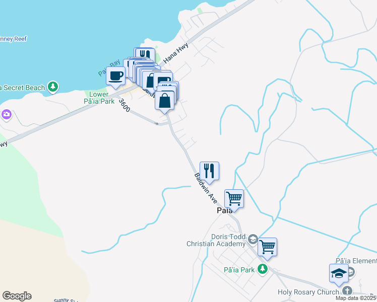 map of restaurants, bars, coffee shops, grocery stores, and more near 45 Poni Place in Paia