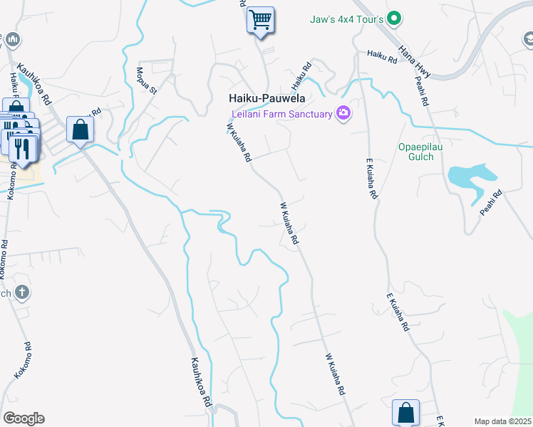 map of restaurants, bars, coffee shops, grocery stores, and more near 820 West Kuiaha Road in Haiku-Pauwela