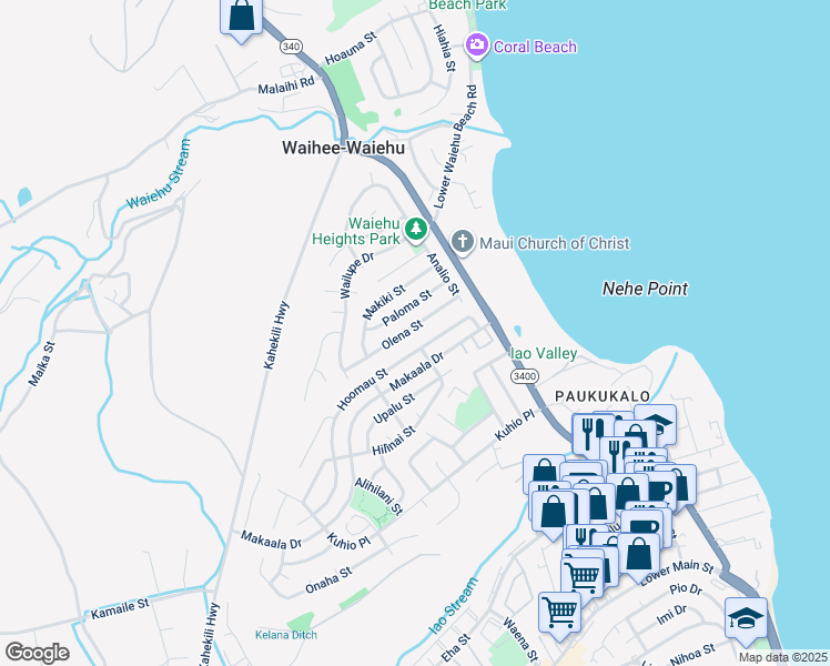 map of restaurants, bars, coffee shops, grocery stores, and more near 776 Olena Street in Wailuku
