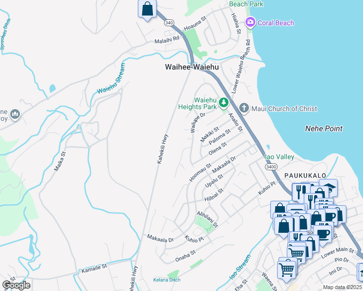 map of restaurants, bars, coffee shops, grocery stores, and more near 858 Haunani Place in Wailuku