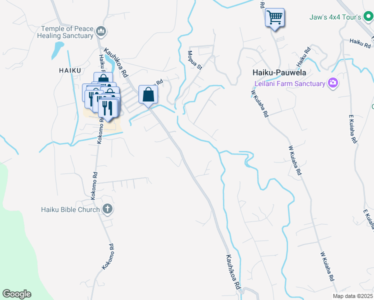 map of restaurants, bars, coffee shops, grocery stores, and more near 1001 Kauhikoa Road in Haiku-Pauwela