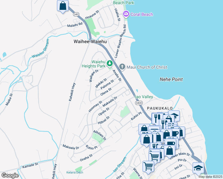 map of restaurants, bars, coffee shops, grocery stores, and more near 773 Olena Street in Wailuku