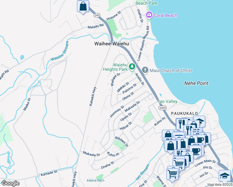 map of restaurants, bars, coffee shops, grocery stores, and more near 878 Makiki Street in Wailuku