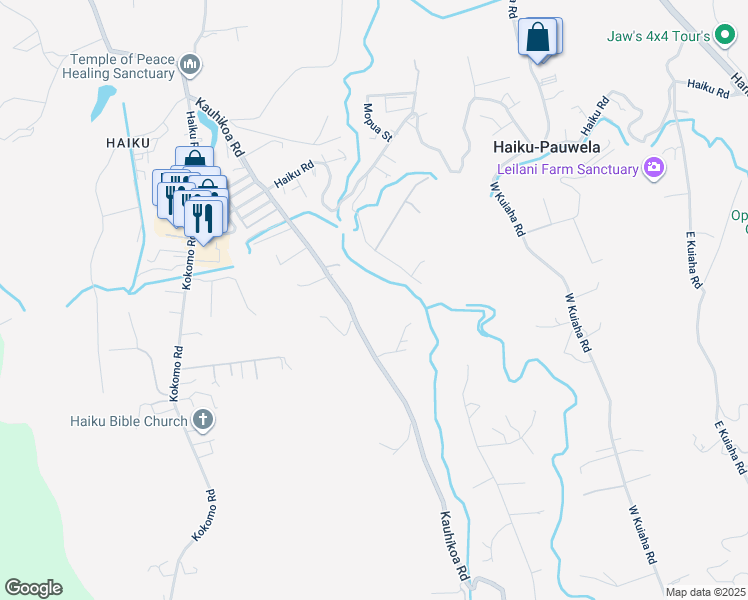map of restaurants, bars, coffee shops, grocery stores, and more near 1001 Kauhikoa Road in Haiku-Pauwela