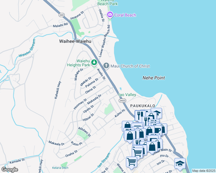 map of restaurants, bars, coffee shops, grocery stores, and more near 753 Hoomau Street in Wailuku
