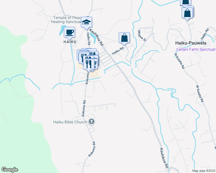 map of restaurants, bars, coffee shops, grocery stores, and more near 2597 Ala Olu Place in Haiku-Pauwela
