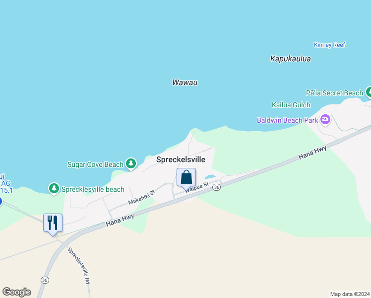 map of restaurants, bars, coffee shops, grocery stores, and more near 201 Kealakai Place in Paia