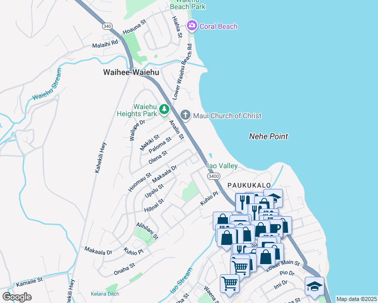 map of restaurants, bars, coffee shops, grocery stores, and more near 753 Hoomau Street in Wailuku