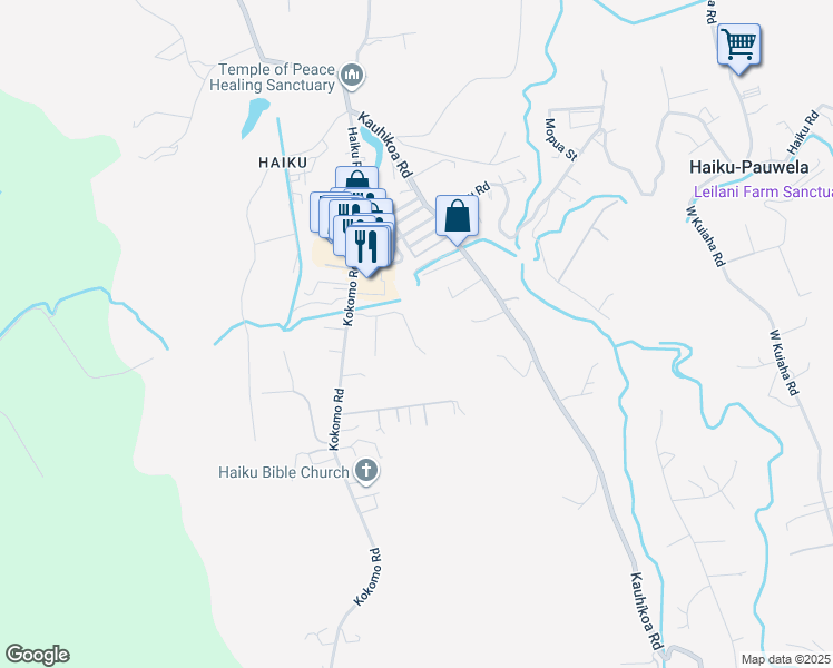 map of restaurants, bars, coffee shops, grocery stores, and more near 2595 Ala Olu Place in Haiku-Pauwela