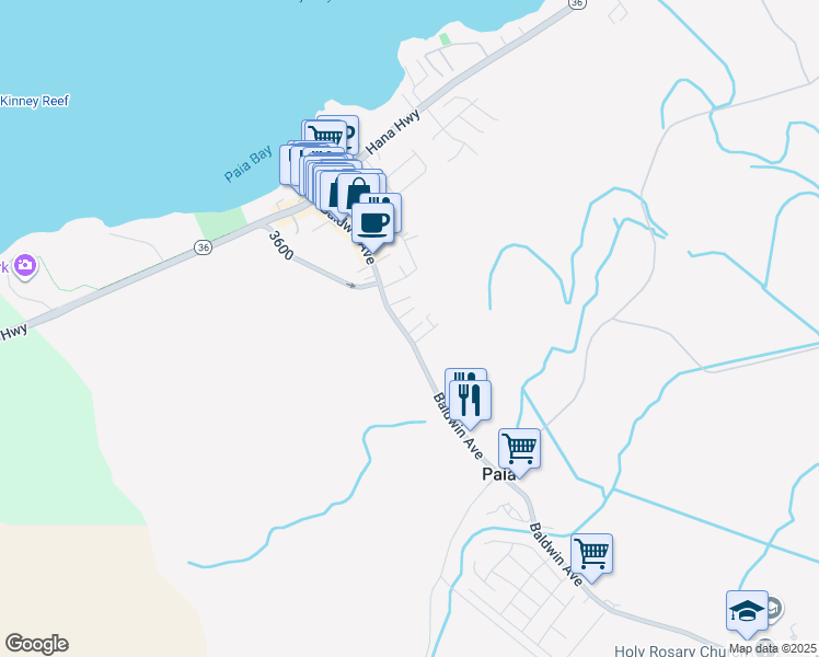 map of restaurants, bars, coffee shops, grocery stores, and more near 221 Baldwin Avenue in Paia