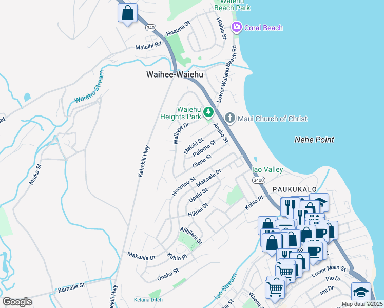 map of restaurants, bars, coffee shops, grocery stores, and more near 828 Paloma Street in Wailuku