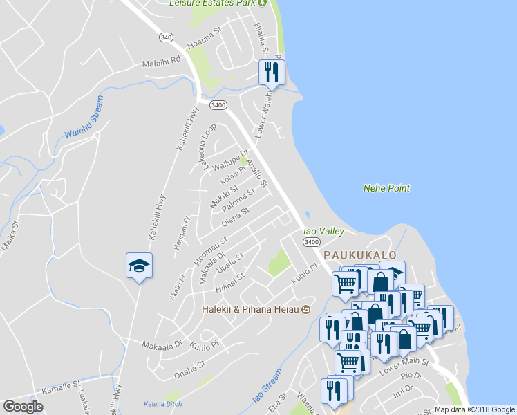 map of restaurants, bars, coffee shops, grocery stores, and more near 753 Olena Street in Wailuku