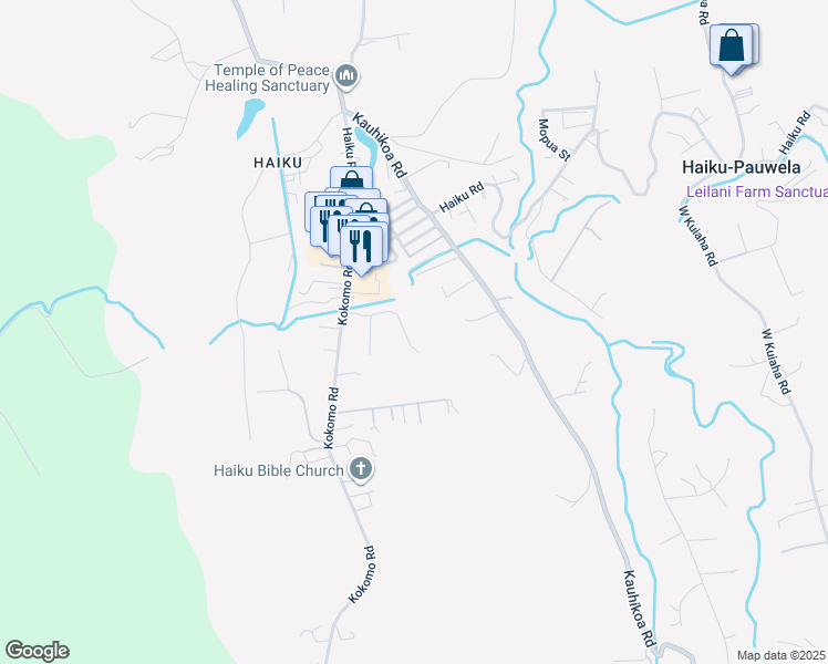 map of restaurants, bars, coffee shops, grocery stores, and more near 2595 Ala Olu Place in Haiku-Pauwela