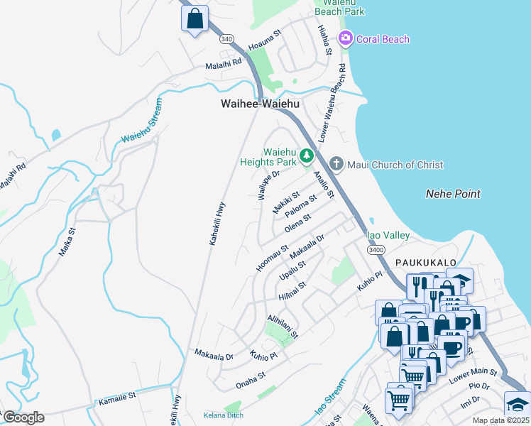 map of restaurants, bars, coffee shops, grocery stores, and more near 881 Wailupe Drive in Wailuku