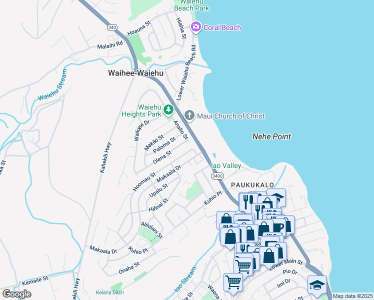 map of restaurants, bars, coffee shops, grocery stores, and more near 760 Hoomau Street in Wailuku