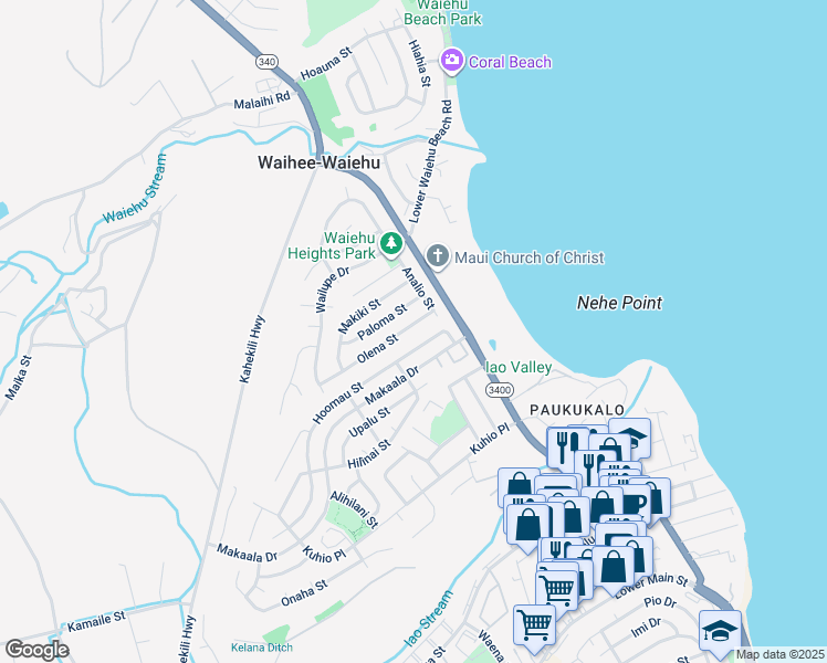 map of restaurants, bars, coffee shops, grocery stores, and more near 753 Olena Street in Wailuku