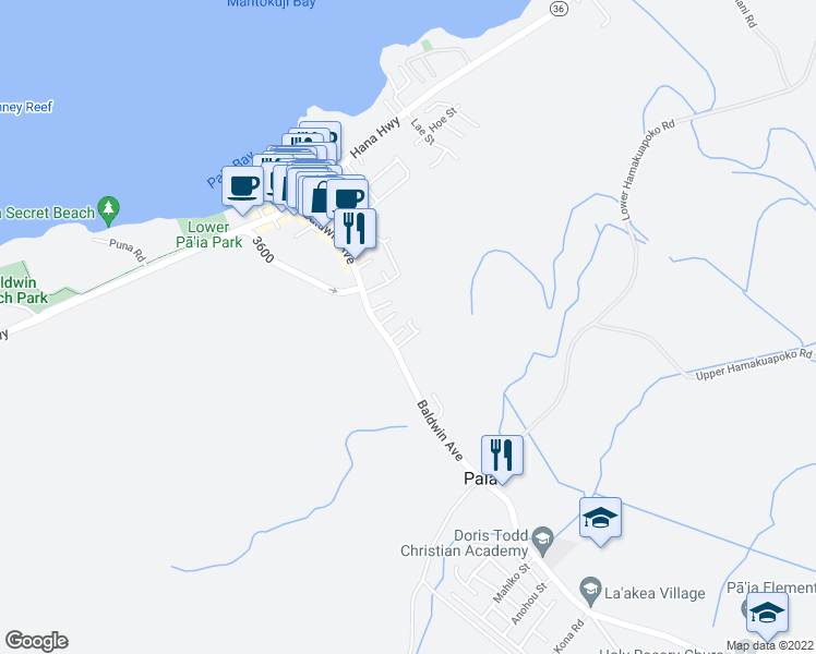 map of restaurants, bars, coffee shops, grocery stores, and more near 33 Poni Place in Paia