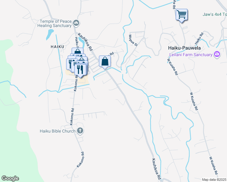 map of restaurants, bars, coffee shops, grocery stores, and more near 25 Lihiwai Place in Haiku-Pauwela