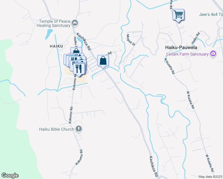 map of restaurants, bars, coffee shops, grocery stores, and more near 25 Lihiwai Place in Haiku-Pauwela