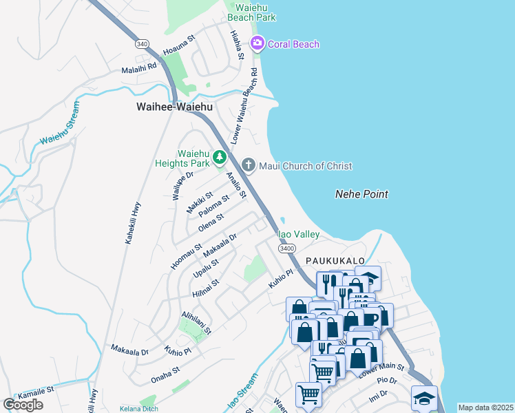 map of restaurants, bars, coffee shops, grocery stores, and more near 740 Hoomau Street in Wailuku