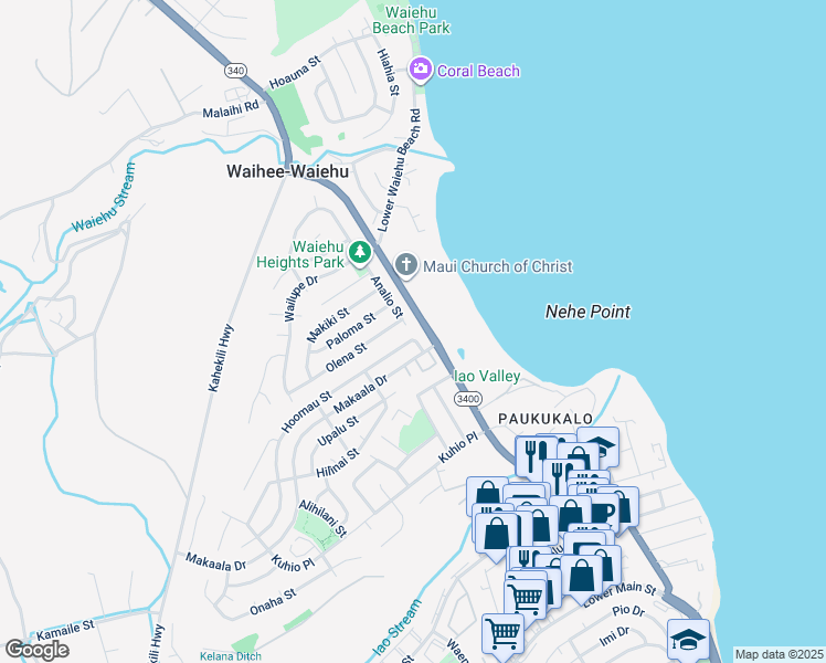 map of restaurants, bars, coffee shops, grocery stores, and more near 746 Hoomau Street in Wailuku