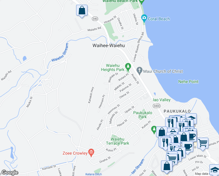 map of restaurants, bars, coffee shops, grocery stores, and more near 854 Wailupe Drive in Wailuku