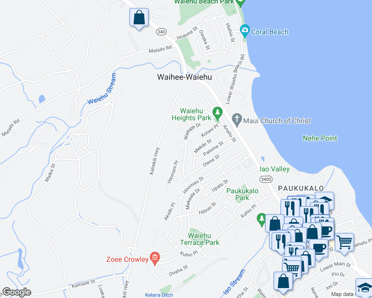 map of restaurants, bars, coffee shops, grocery stores, and more near Wailupe Drive in Wailuku