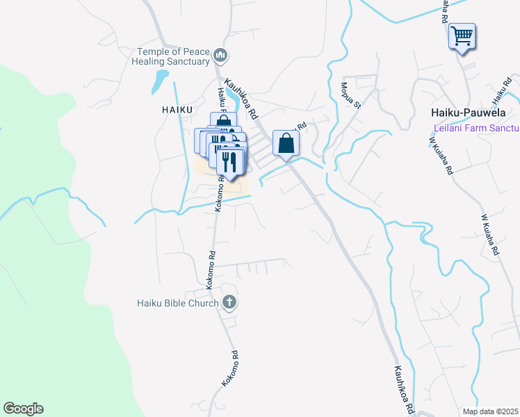 map of restaurants, bars, coffee shops, grocery stores, and more near 2599 Ala Olu Place in Haiku-Pauwela