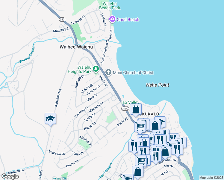 map of restaurants, bars, coffee shops, grocery stores, and more near 740 Hoomau Street in Wailuku