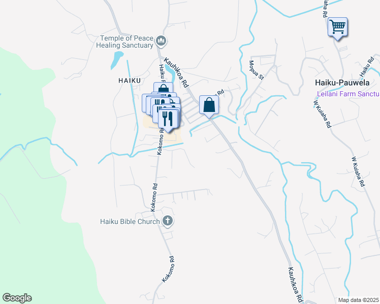 map of restaurants, bars, coffee shops, grocery stores, and more near 2597 Ala Olu Place in Haiku-Pauwela