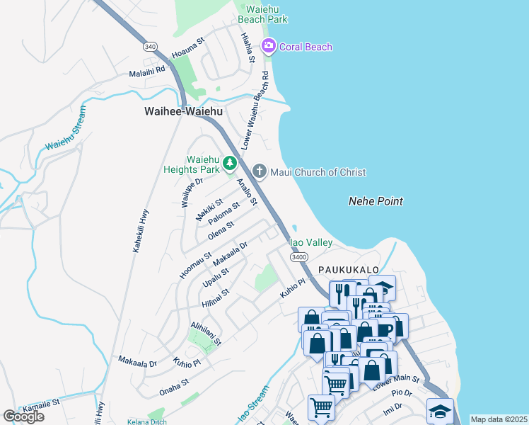 map of restaurants, bars, coffee shops, grocery stores, and more near 746 Hoomau Street in Wailuku
