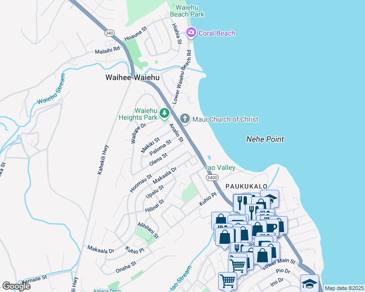 map of restaurants, bars, coffee shops, grocery stores, and more near 755 Analio Street in Wailuku