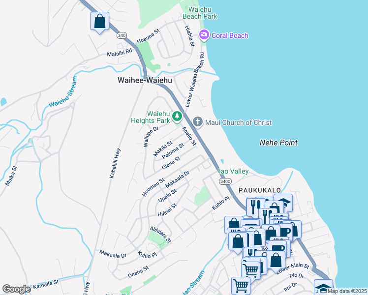map of restaurants, bars, coffee shops, grocery stores, and more near 747 Paloma Street in Wailuku