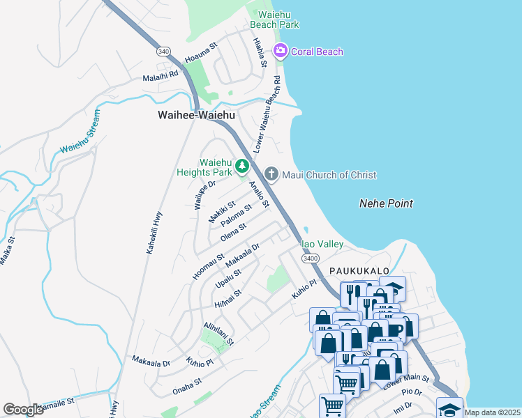 map of restaurants, bars, coffee shops, grocery stores, and more near 730 Olena Street in Wailuku