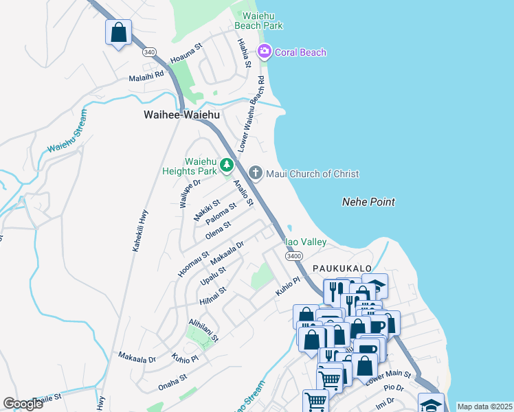 map of restaurants, bars, coffee shops, grocery stores, and more near 762 Analio Street in Wailuku