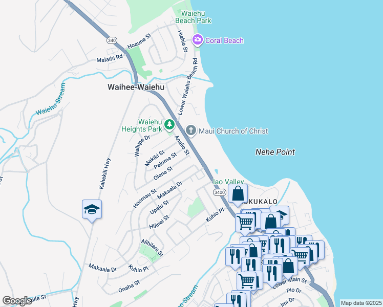 map of restaurants, bars, coffee shops, grocery stores, and more near 762 Analio Street in Wailuku
