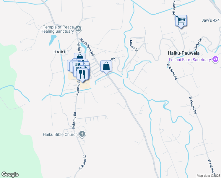map of restaurants, bars, coffee shops, grocery stores, and more near 2770 Kauhikoalani Place in Haiku-Pauwela
