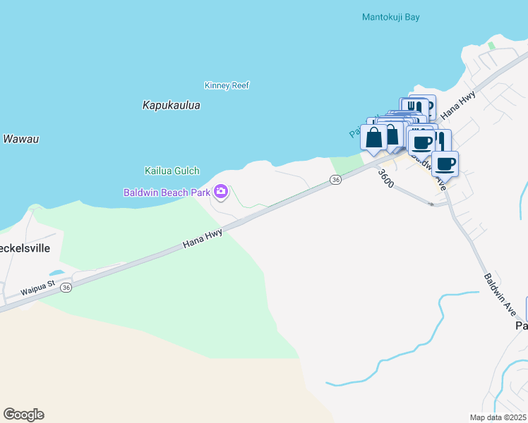 map of restaurants, bars, coffee shops, grocery stores, and more near 20 Hana Highway in Paia