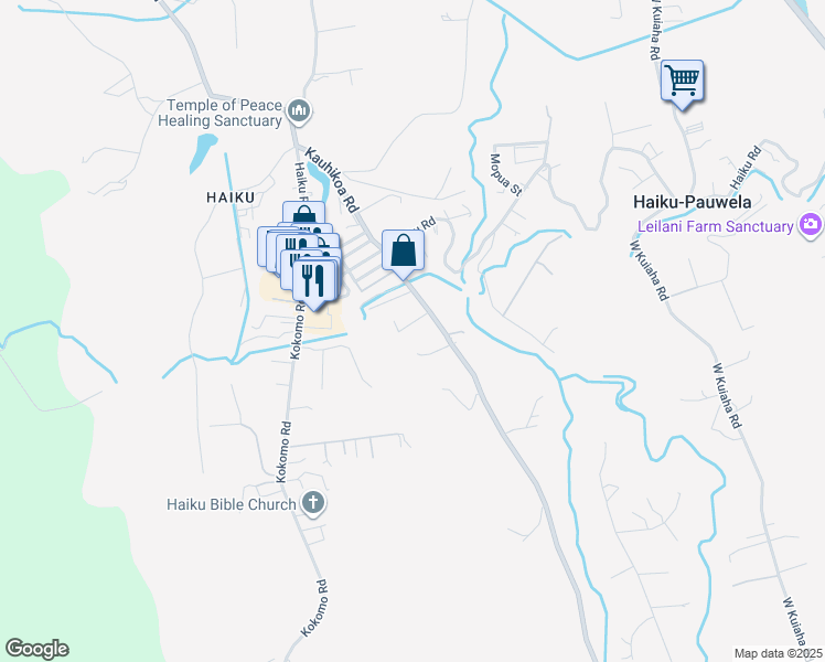 map of restaurants, bars, coffee shops, grocery stores, and more near 2770 Kauhikoalani Place in Haiku-Pauwela