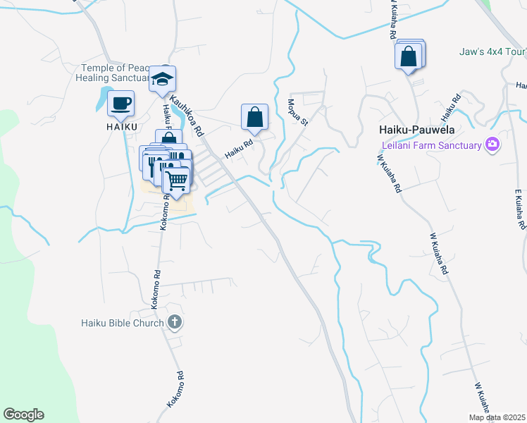 map of restaurants, bars, coffee shops, grocery stores, and more near 911 Kauhikoa Road in Haiku-Pauwela