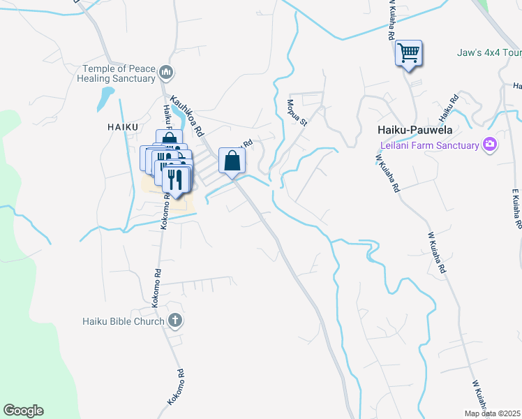 map of restaurants, bars, coffee shops, grocery stores, and more near 911 Kauhikoa Road in Haiku-Pauwela