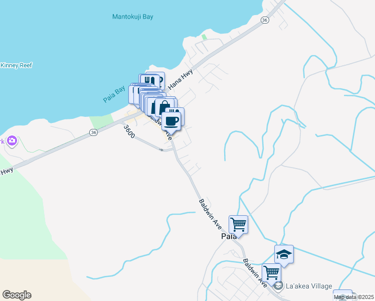 map of restaurants, bars, coffee shops, grocery stores, and more near 32 Ulumau Place in Paia