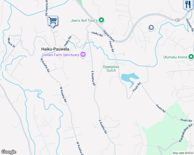 map of restaurants, bars, coffee shops, grocery stores, and more near 405 East Kuiaha Road in Haiku-Pauwela