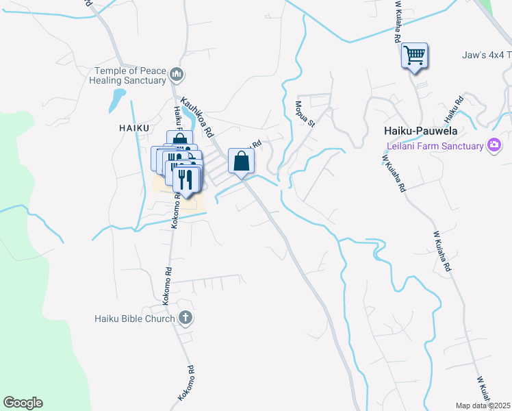 map of restaurants, bars, coffee shops, grocery stores, and more near 890 Kauhikoa Road in Haiku-Pauwela
