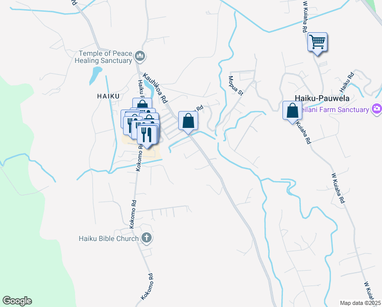 map of restaurants, bars, coffee shops, grocery stores, and more near 2771 Kauhikoalani Place in Haiku-Pauwela