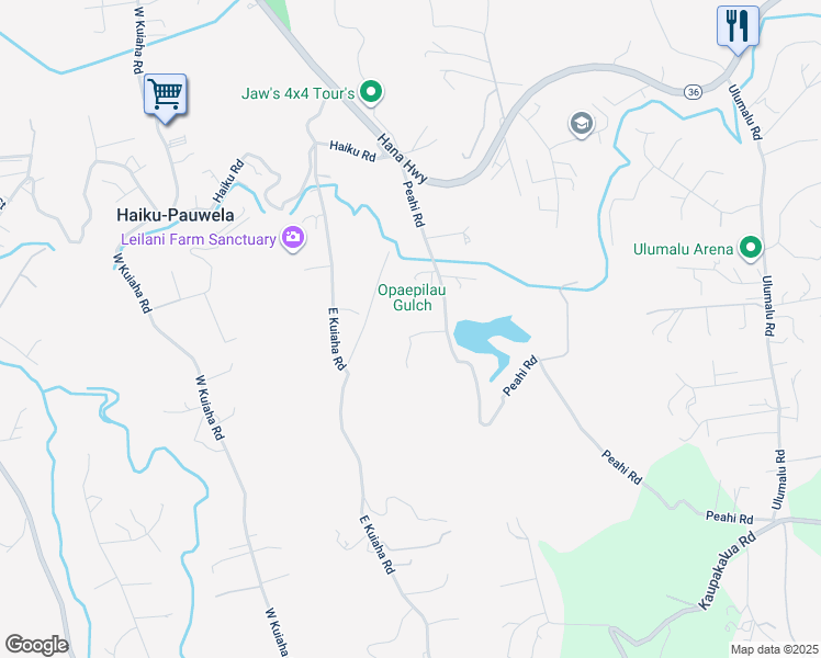 map of restaurants, bars, coffee shops, grocery stores, and more near 44 Aloha Aina Place in Haiku-Pauwela